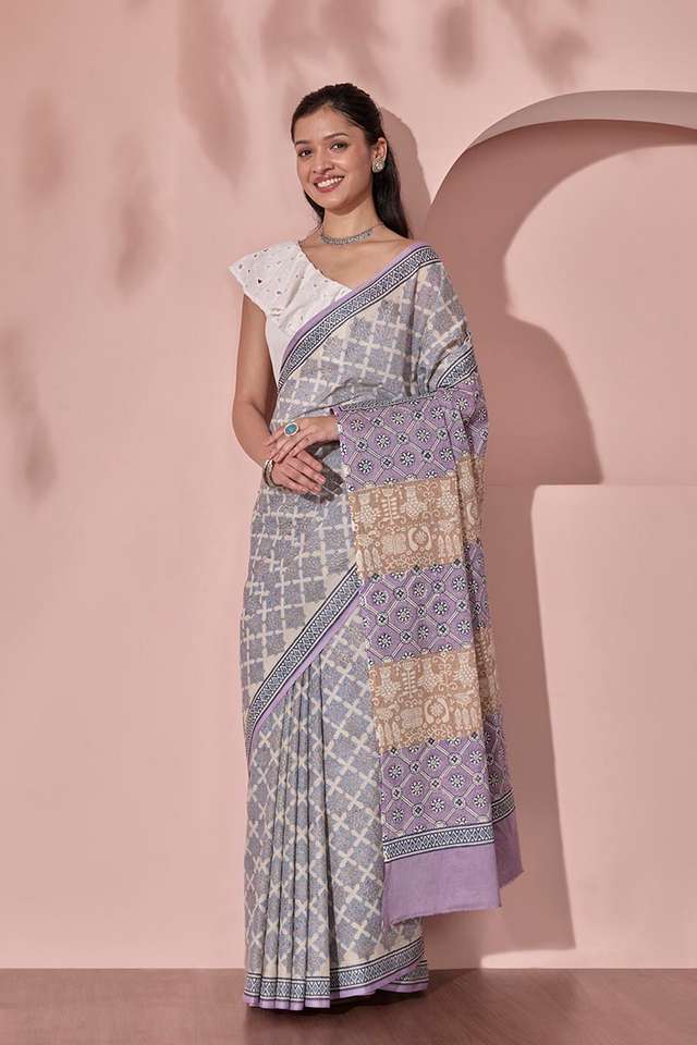 Light Blue Pure Cotton Block Printed Bengal Saree thumbnail image number null