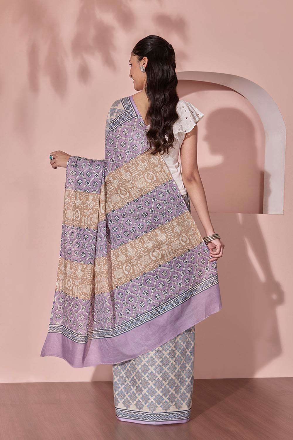 Light Blue Pure Cotton Block Printed Bengal Saree image number null