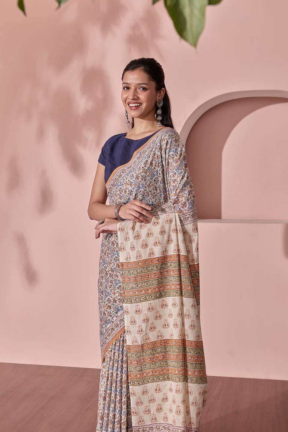 Off White Pure Cotton Block Printed Bengal Saree