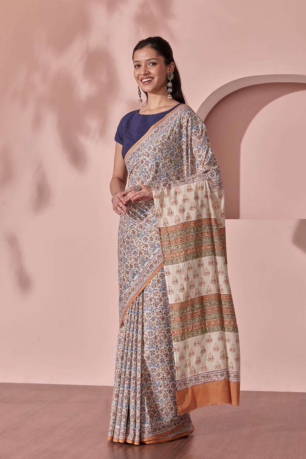 Off White Pure Cotton Block Printed Bengal Saree image number null