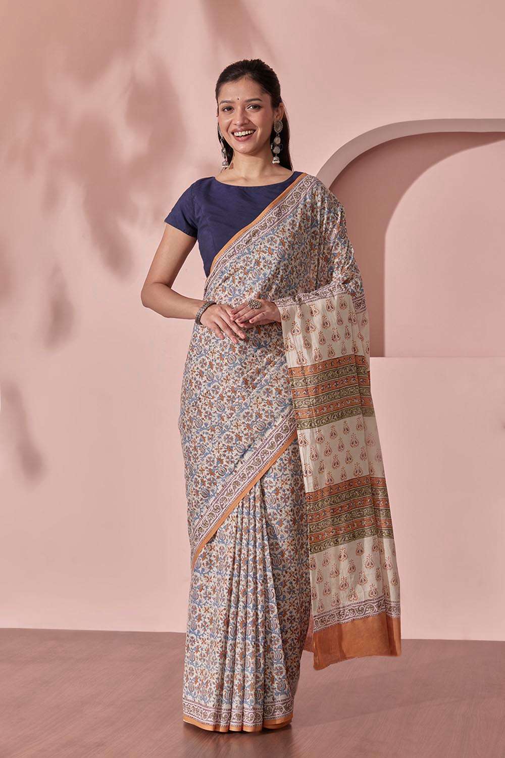 Off White Pure Cotton Block Printed Bengal Saree image number null