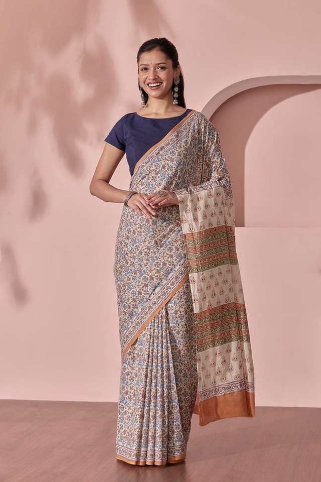 Off White Pure Cotton Block Printed Bengal Saree thumbnail image number null