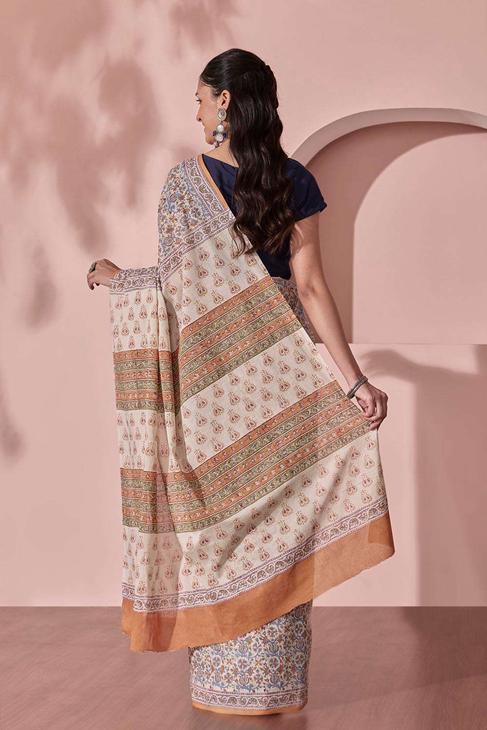 Off White Pure Cotton Block Printed Bengal Saree image number null