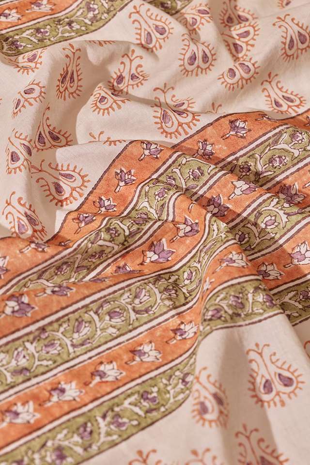 Off White Pure Cotton Block Printed Bengal Saree thumbnail image number null