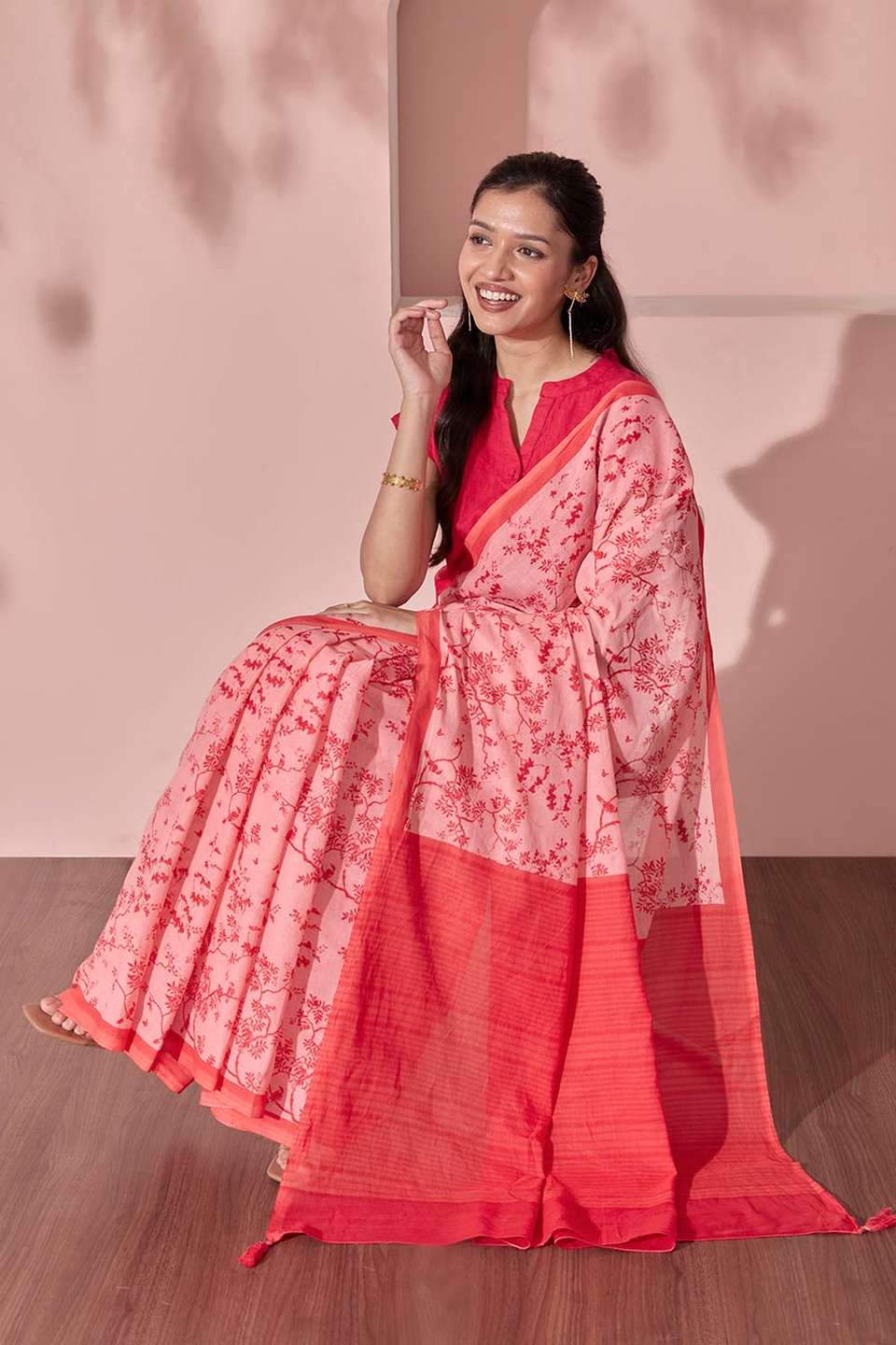 Pink Screen Printed Bengal Pure Cotton Saree