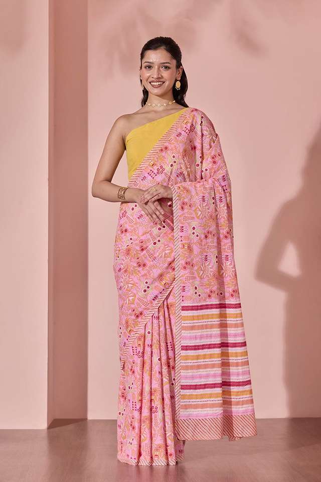 Light Pink Screen Printed Bengal Pure Cotton Saree thumbnail image number null