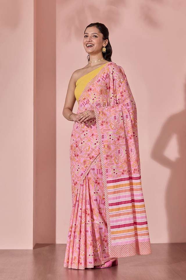 Light Pink Screen Printed Bengal Pure Cotton Saree thumbnail image number null