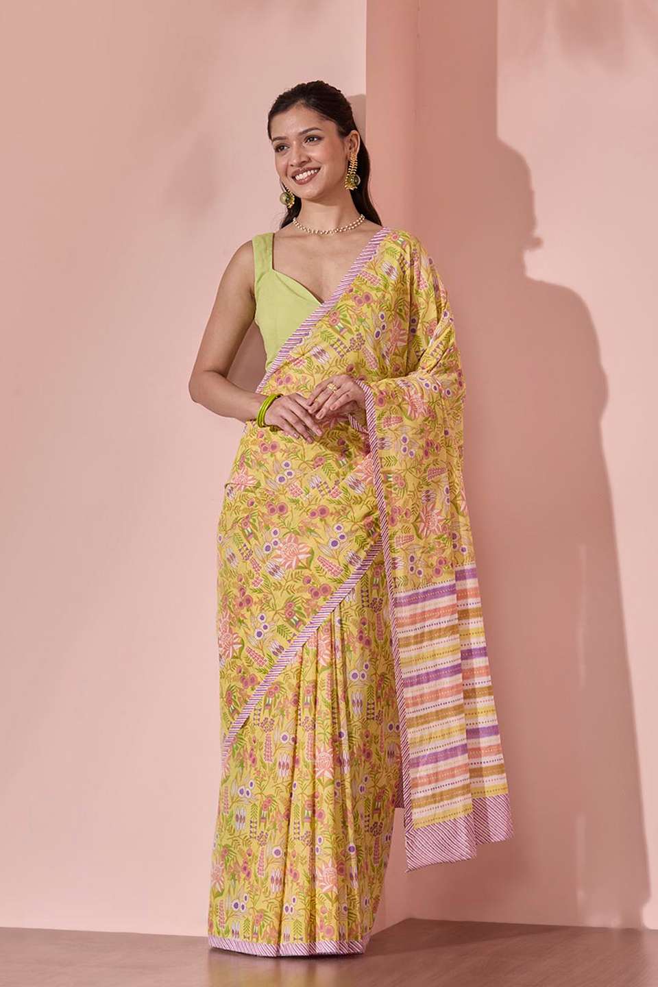 Yellow Screen Printed Bengal Pure Cotton Saree