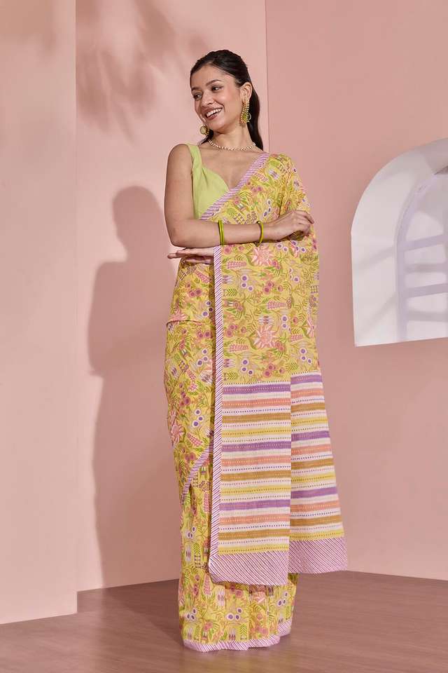 Yellow Screen Printed Bengal Pure Cotton Saree thumbnail image number null