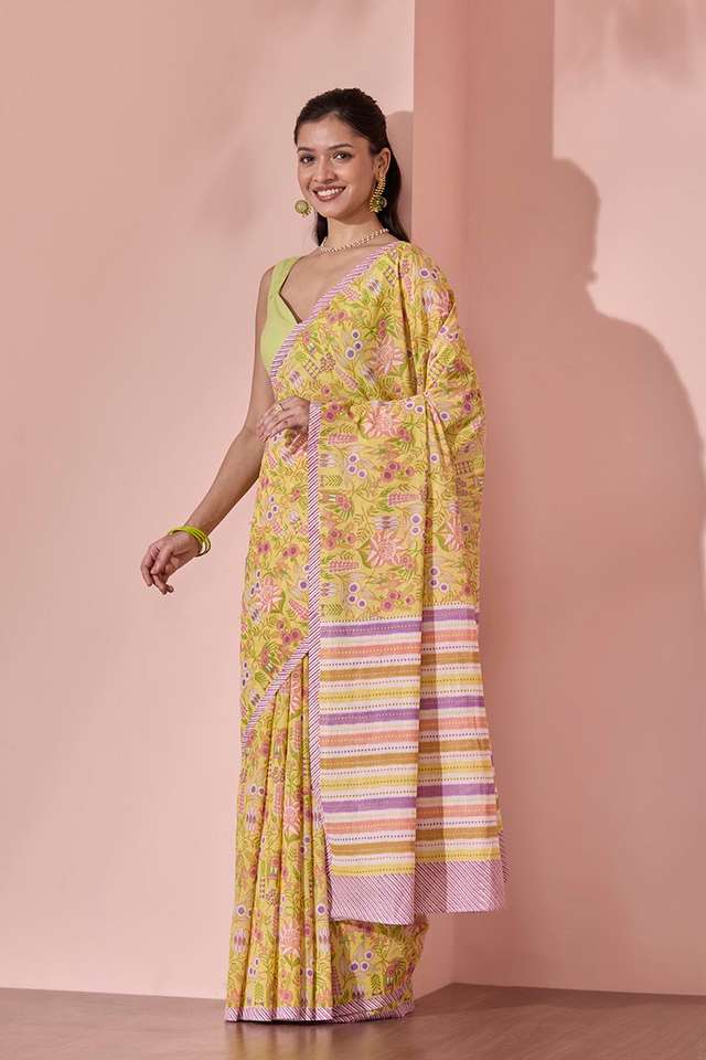 Yellow Screen Printed Bengal Pure Cotton Saree thumbnail image number null