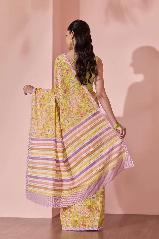 Yellow Screen Printed Bengal Pure Cotton Saree thumbnail image number null