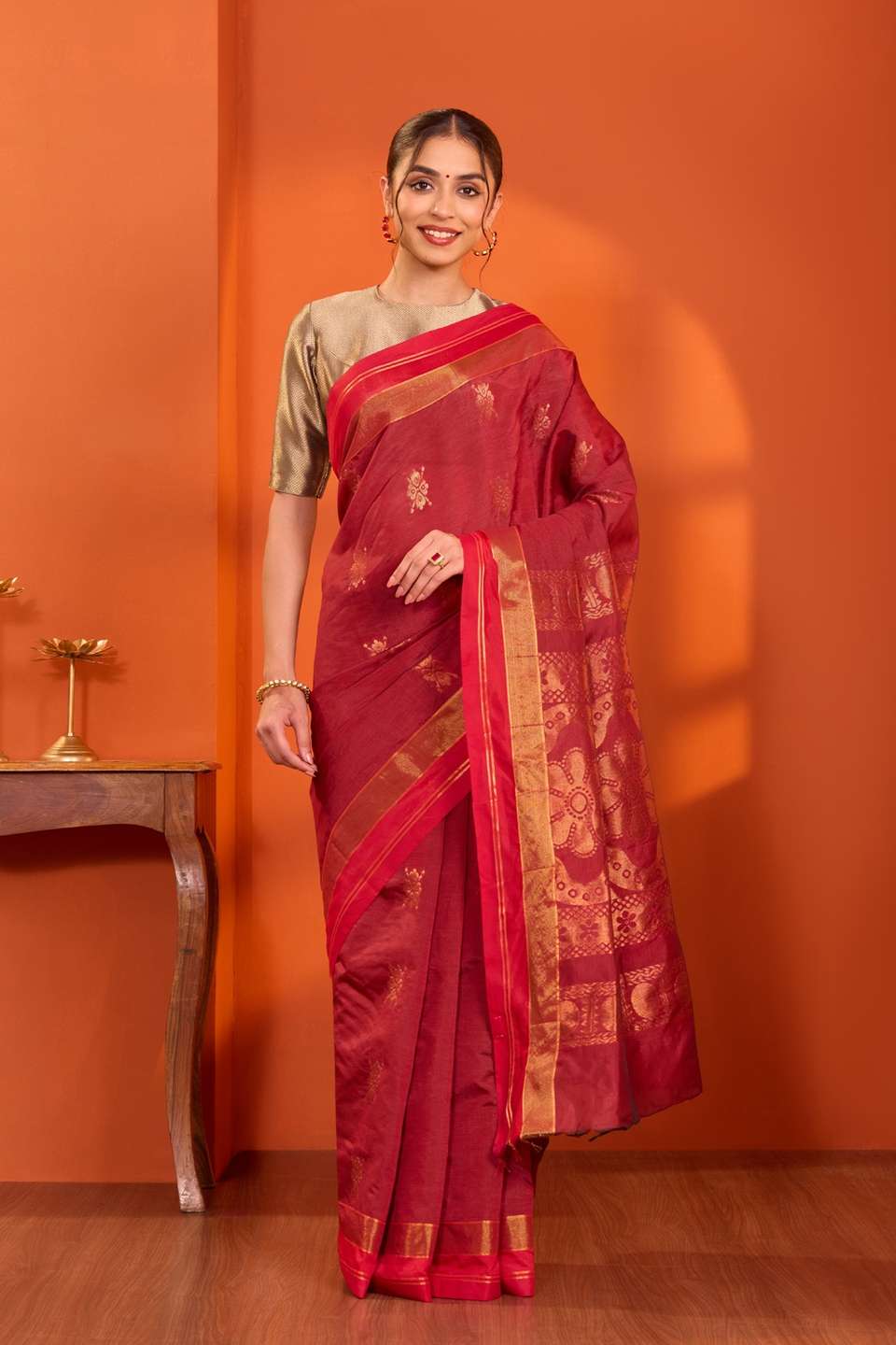 Dark Red Woven  Cotton Viscose Saree