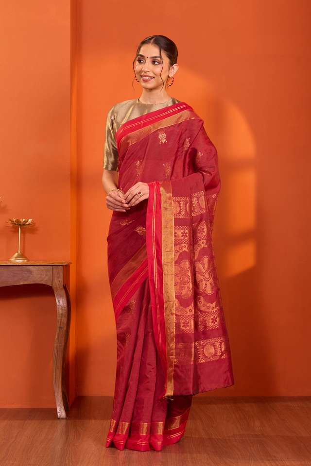 Dark Red Woven  Cotton Viscose Saree thumbnail image number null