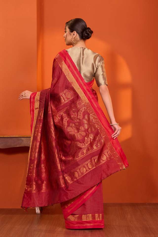 Dark Red Woven  Cotton Viscose Saree thumbnail image number null