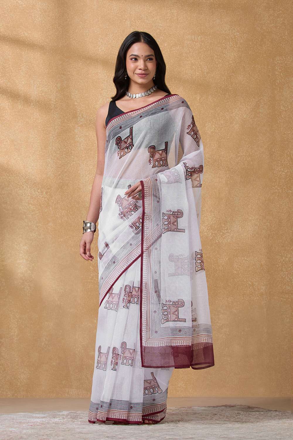 White Rajasthan Pure Cotton Kota Printed Sanganeri Saree image number null