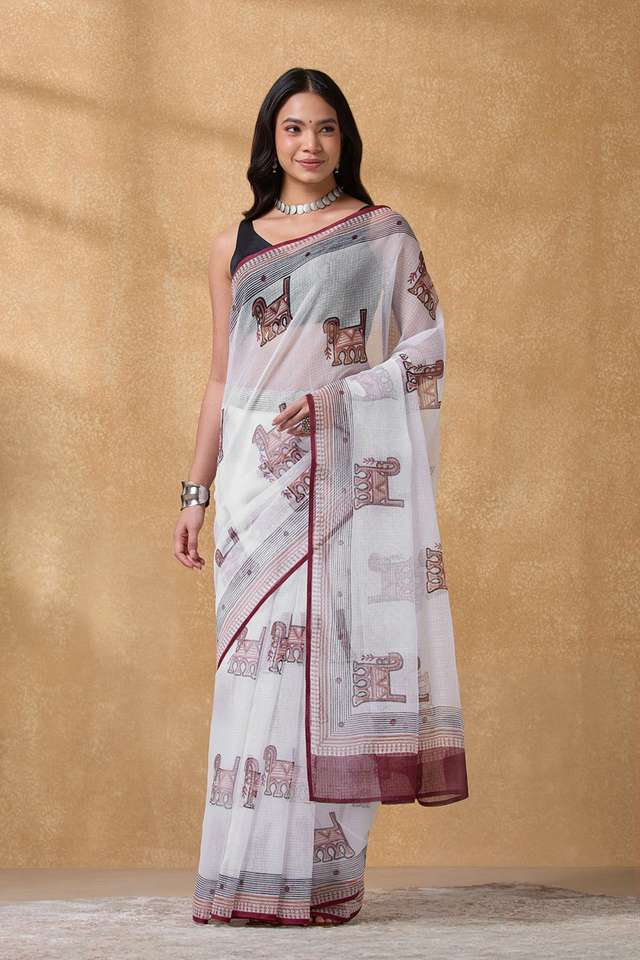 White Rajasthan Pure Cotton Kota Printed Sanganeri Saree image number
