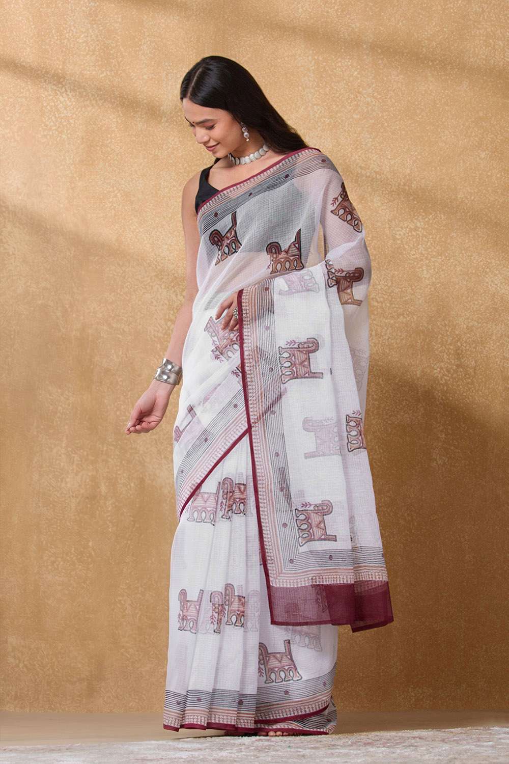 White Rajasthan Pure Cotton Kota Printed Sanganeri Saree image number null