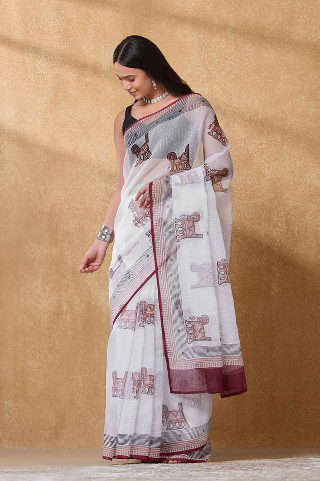 White Rajasthan Pure Cotton Kota Printed Sanganeri Saree thumbnail image number null