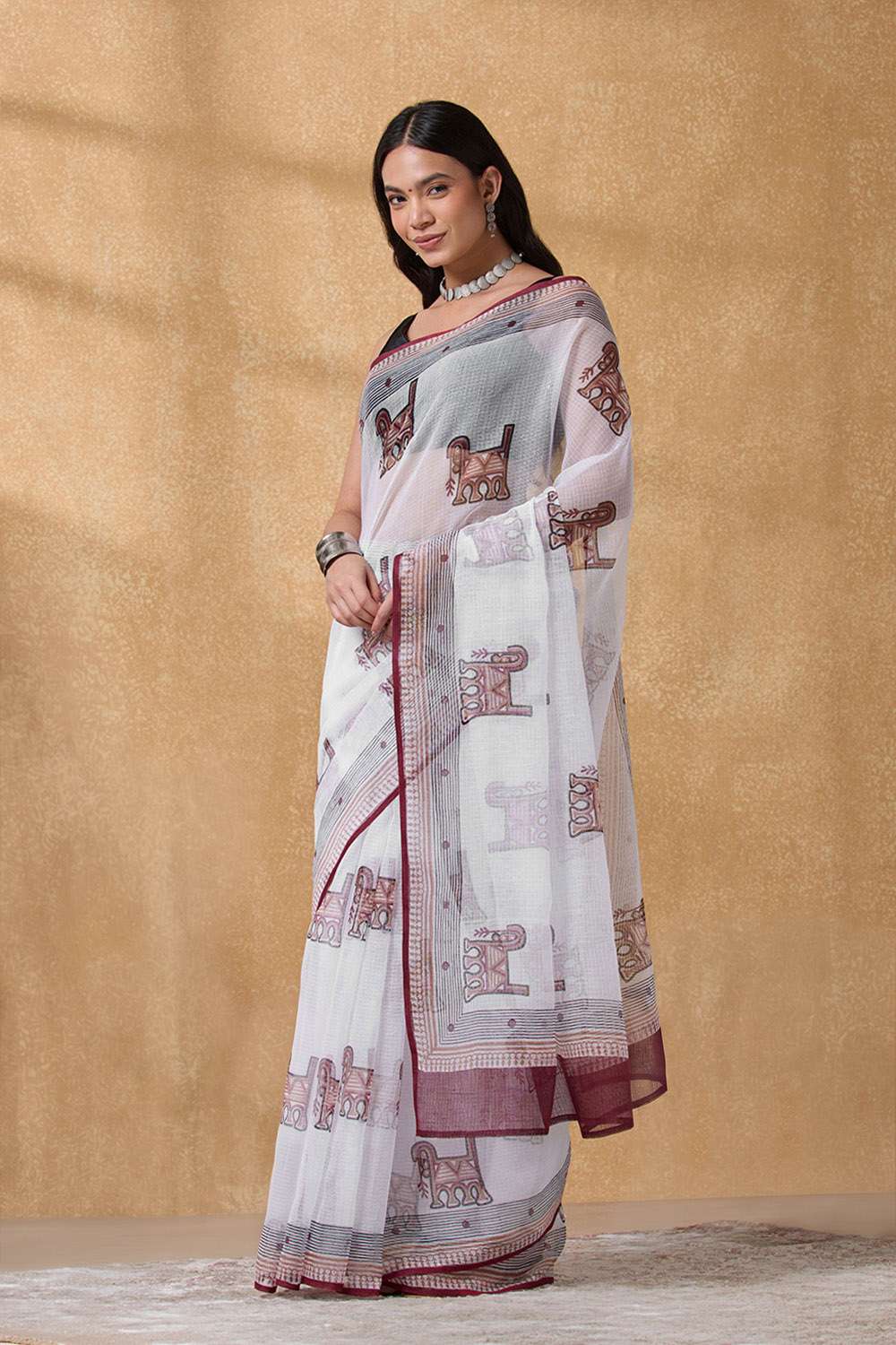 White Rajasthan Pure Cotton Kota Printed Sanganeri Saree image number null