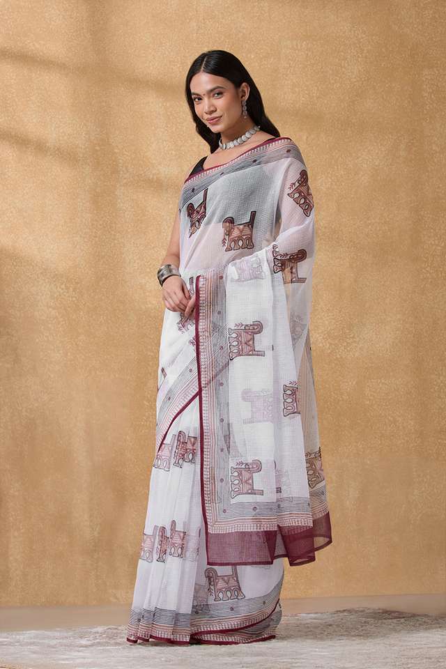 White Rajasthan Pure Cotton Kota Printed Sanganeri Saree thumbnail image number null