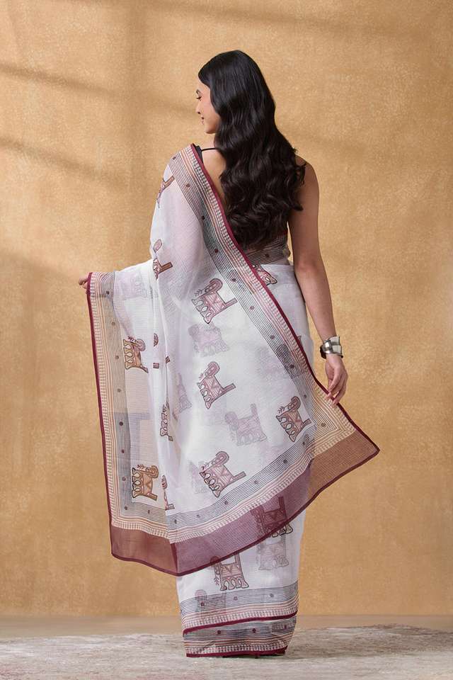 White Rajasthan Pure Cotton Kota Printed Sanganeri Saree thumbnail image number null