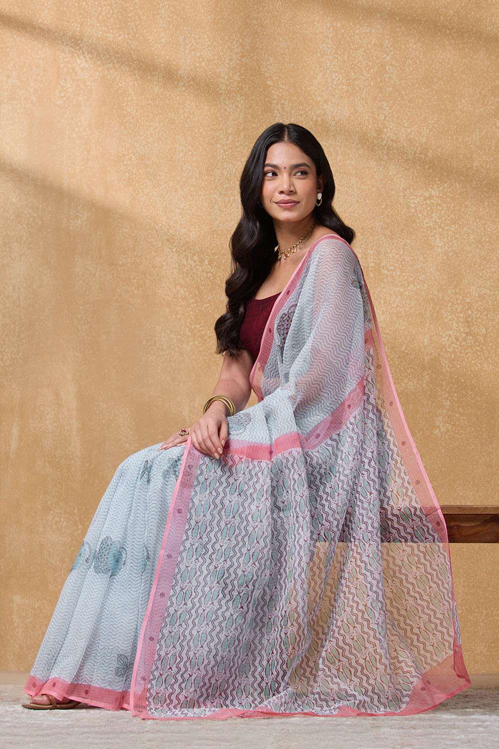 Light Blue Rajasthan Pure Cotton Kota Printed Sanganeri Saree image number null