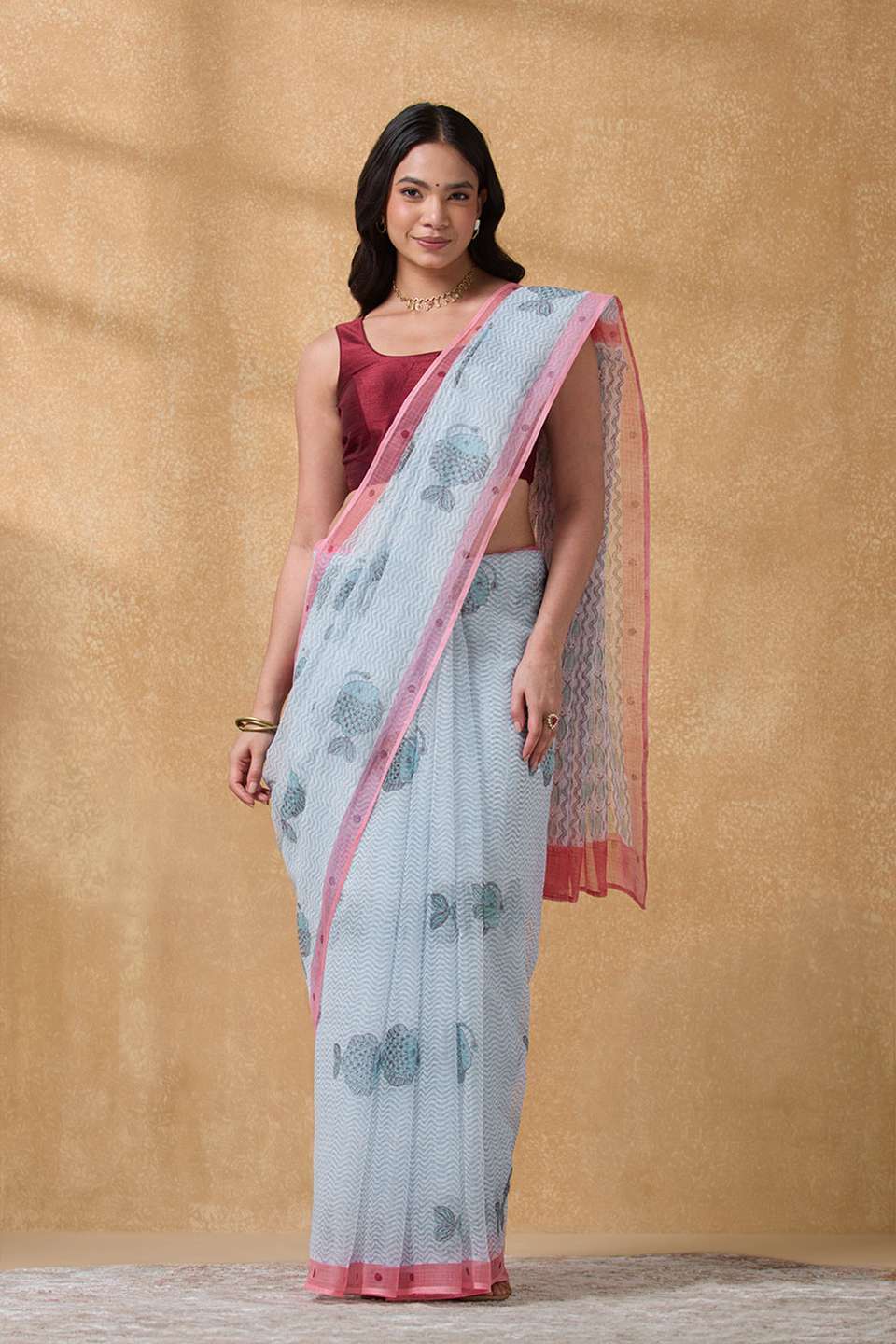 Light Blue Rajasthan Pure Cotton Kota Printed Sanganeri Saree