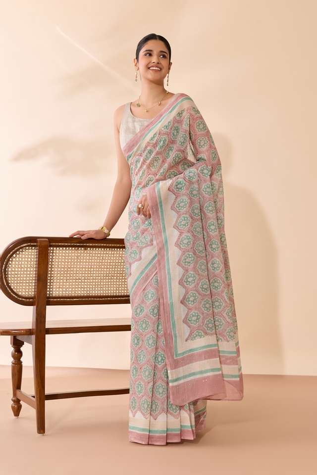 Light Pink Rajasthan Pure Silk Cotton Printed Mukaish Saree image number
