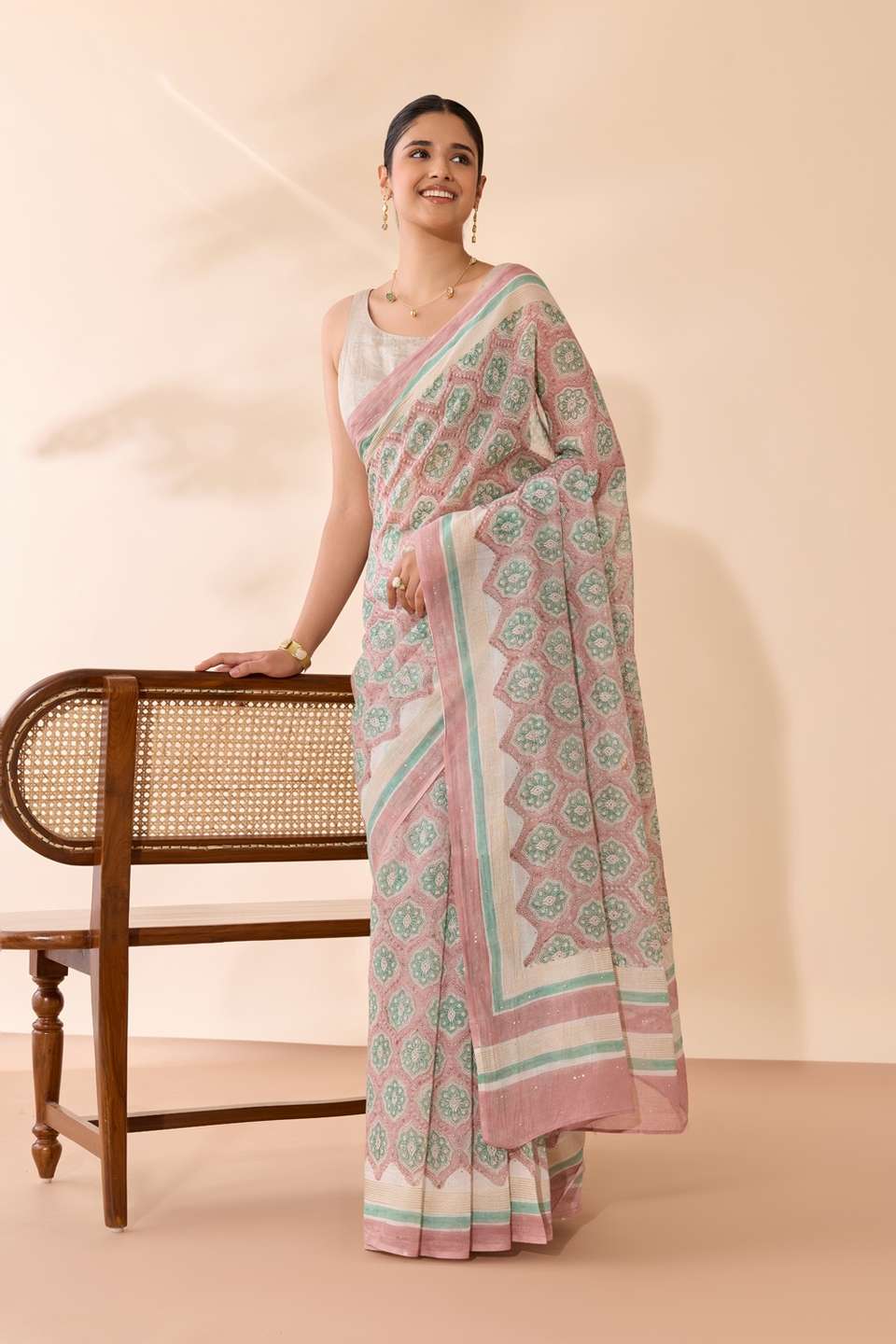 Light Pink Rajasthan Pure Silk Cotton Printed Mukaish Saree