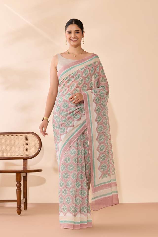 Light Pink Rajasthan Pure Silk Cotton Printed Mukaish Saree thumbnail image number null