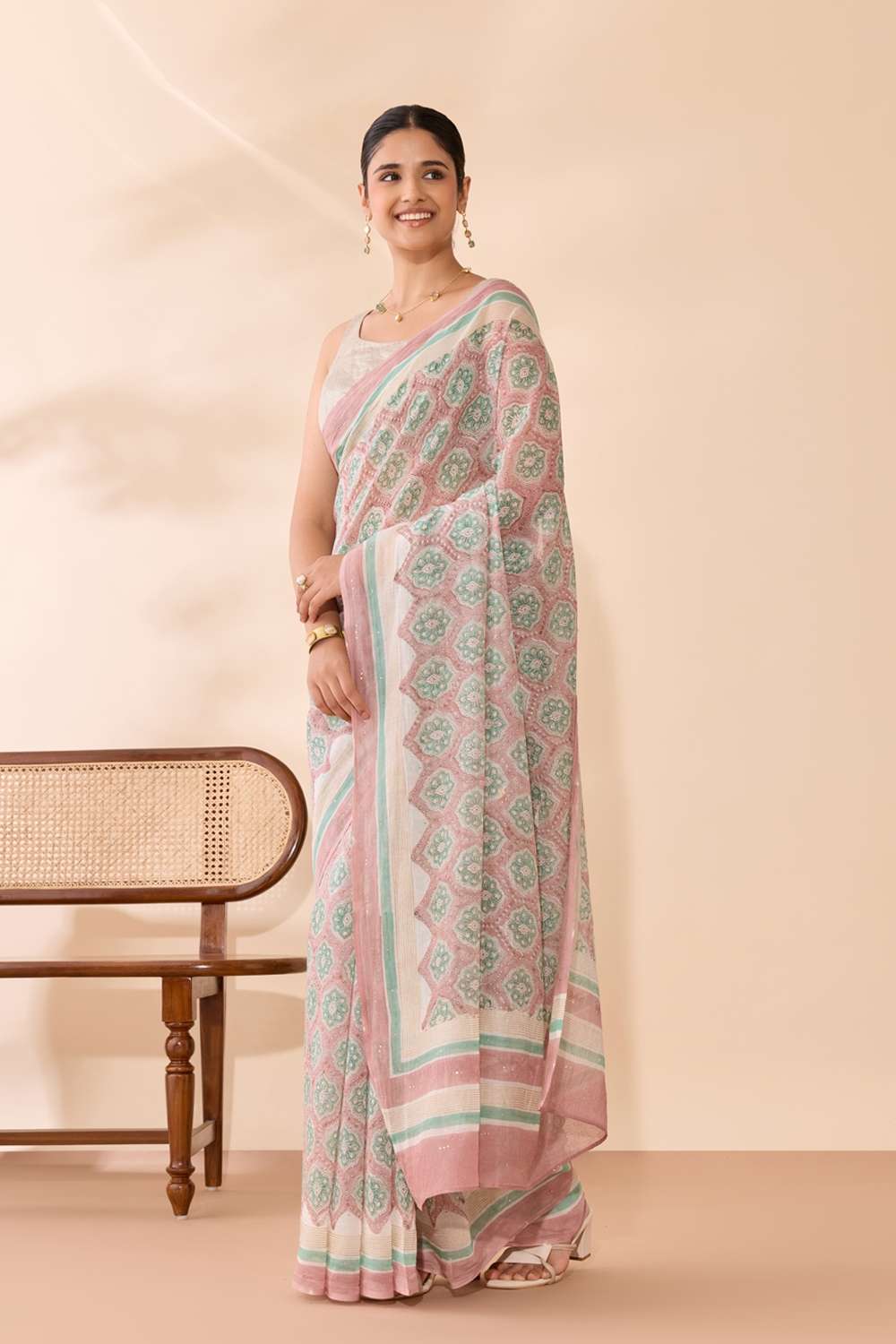 Light Pink Rajasthan Pure Silk Cotton Printed Mukaish Saree image number null