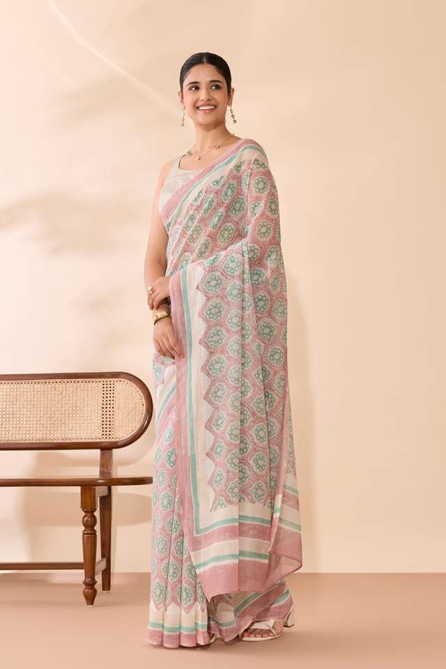 Light Pink Rajasthan Pure Silk Cotton Printed Mukaish Saree thumbnail image number null