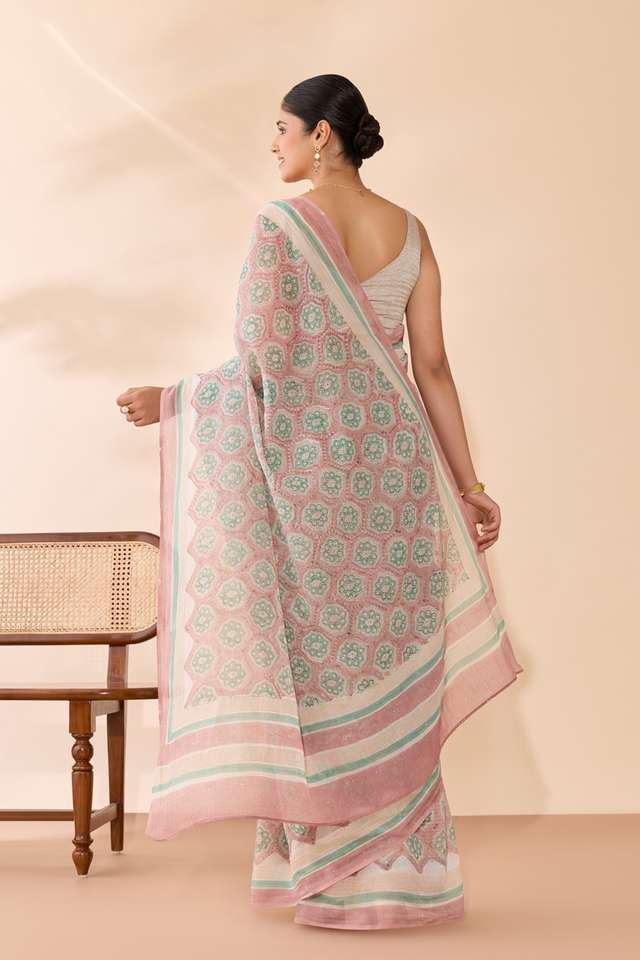 Light Pink Rajasthan Pure Silk Cotton Printed Mukaish Saree thumbnail image number null