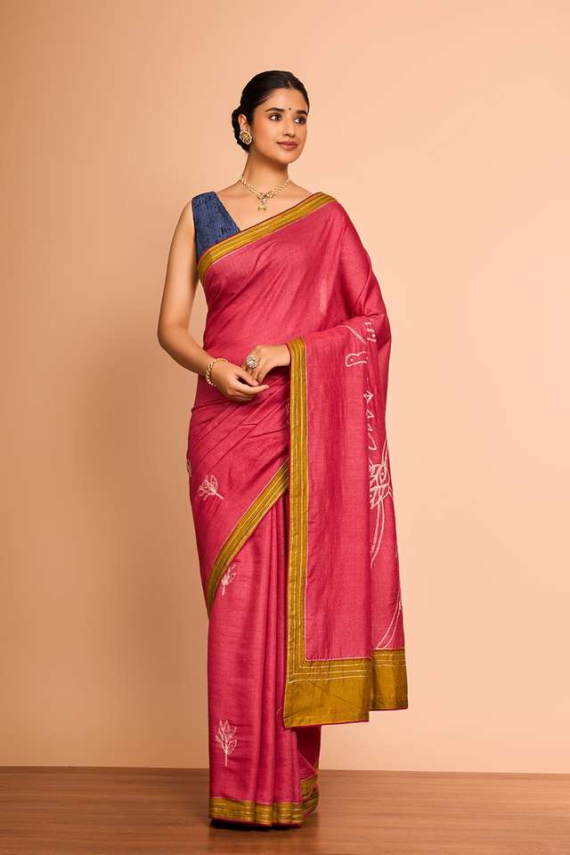 Red Embroidered Pure Tussar Silk Saree thumbnail image number null