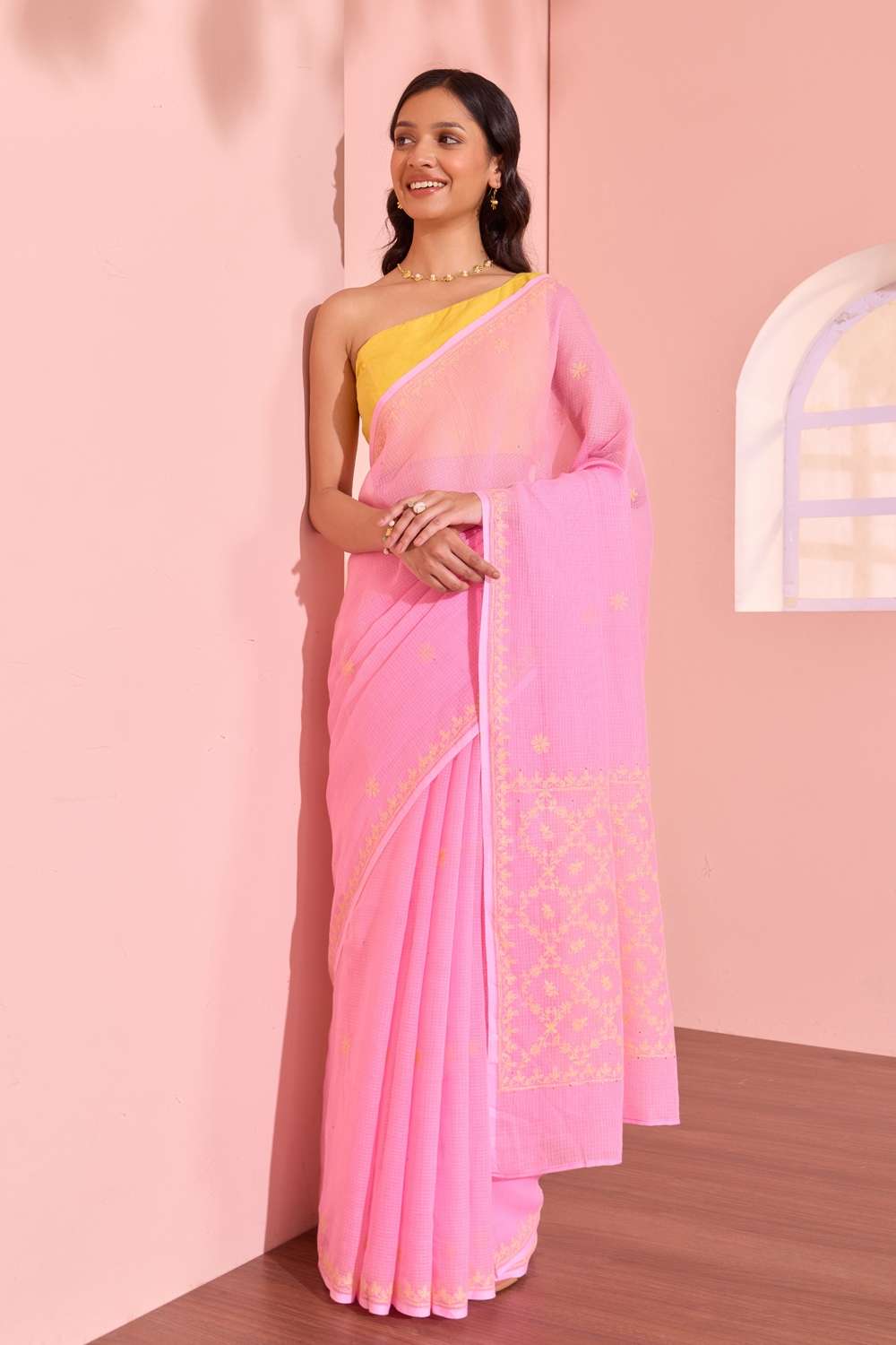 Light Pink Lucknow Pure Cotton Kota Chikankari Saree image number null
