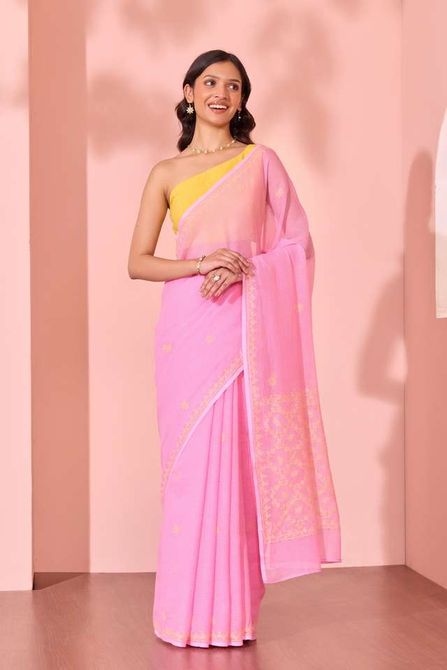 Light Pink Lucknow Pure Cotton Kota Chikankari Saree thumbnail image number null