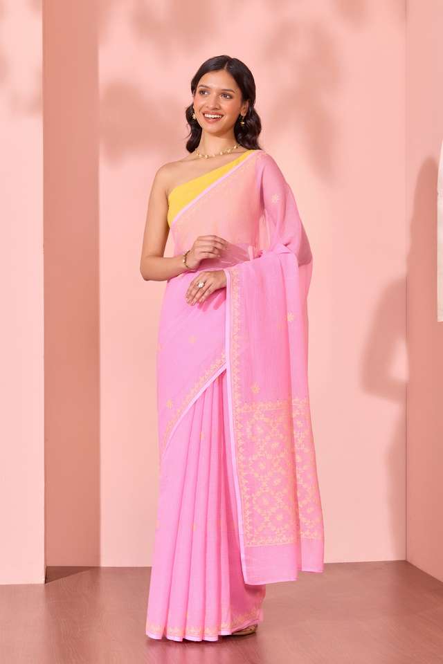 Light Pink Lucknow Pure Cotton Kota Chikankari Saree thumbnail image number null
