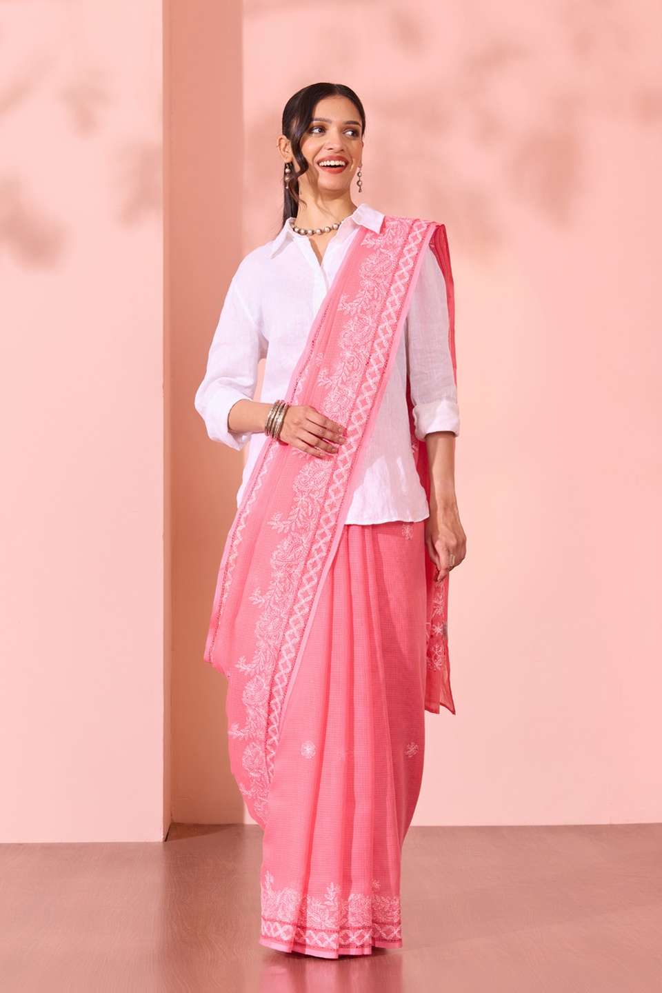 Light Pink Lucknow Pure Cotton Kota Chikankari Saree