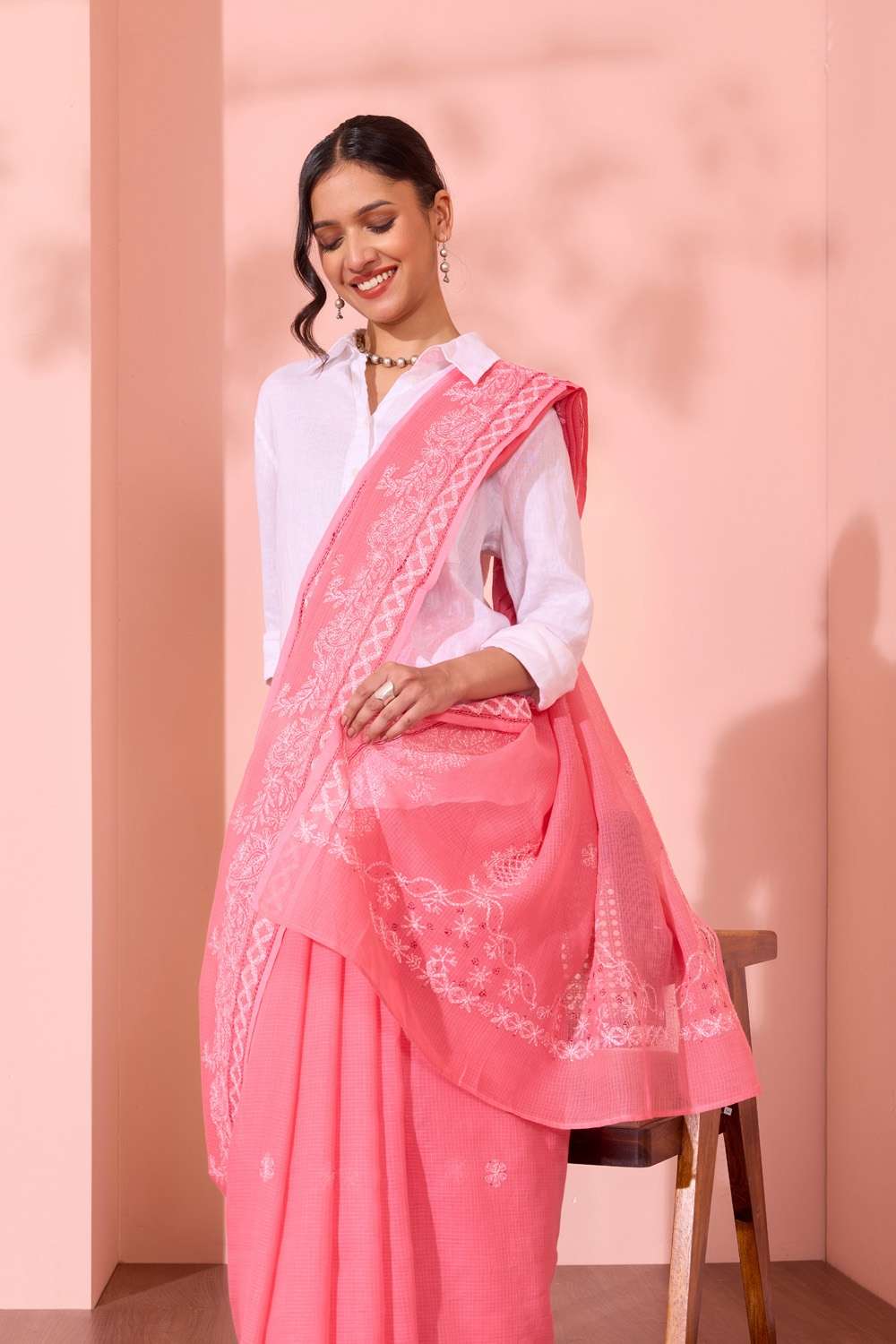 Light Pink Lucknow Pure Cotton Kota Chikankari Saree image number null