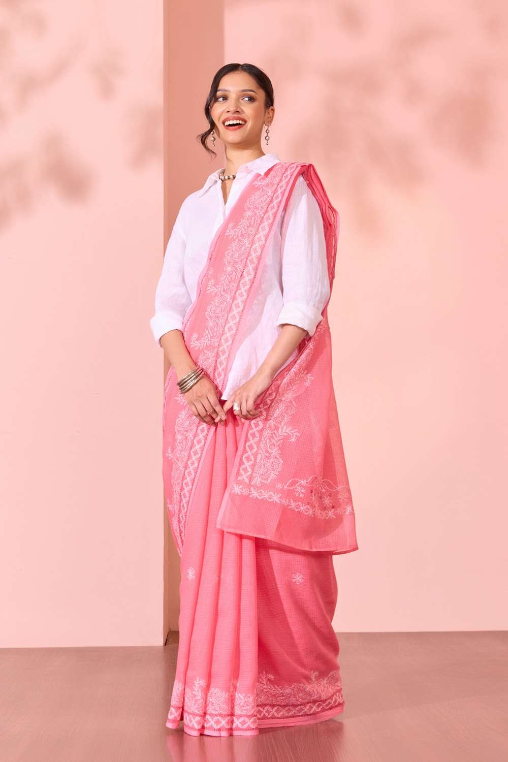 Light Pink Lucknow Pure Cotton Kota Chikankari Saree image number null