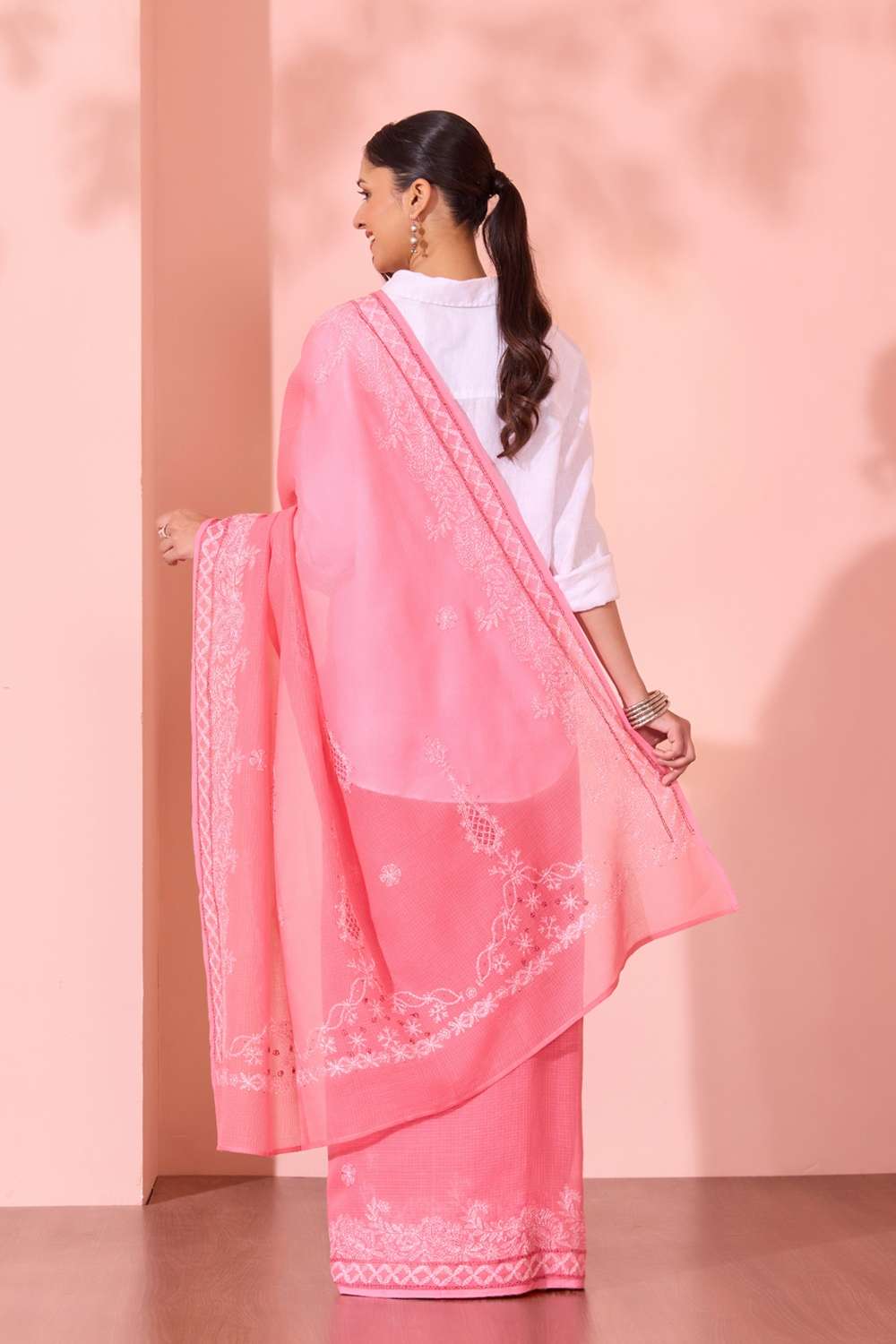Light Pink Lucknow Pure Cotton Kota Chikankari Saree image number null