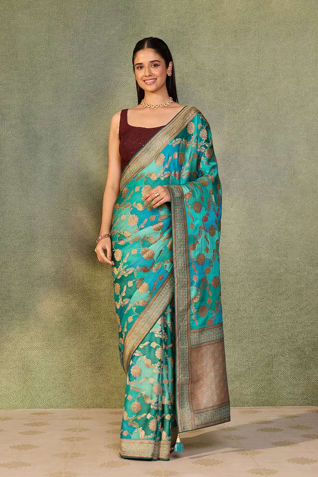 Blue Viscose Satin Woven Saree image number