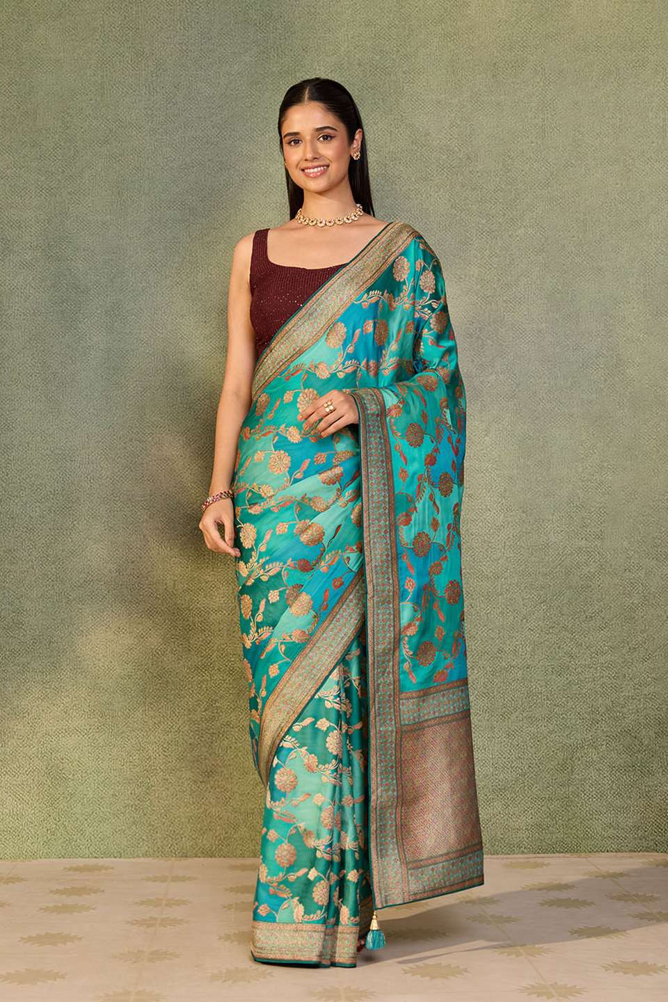 Blue Viscose Satin Woven Saree