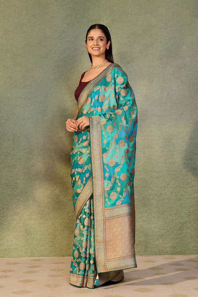 Blue Viscose Satin Woven Saree thumbnail image number null