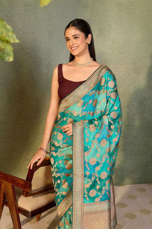 Blue Viscose Satin Woven Saree thumbnail image number null