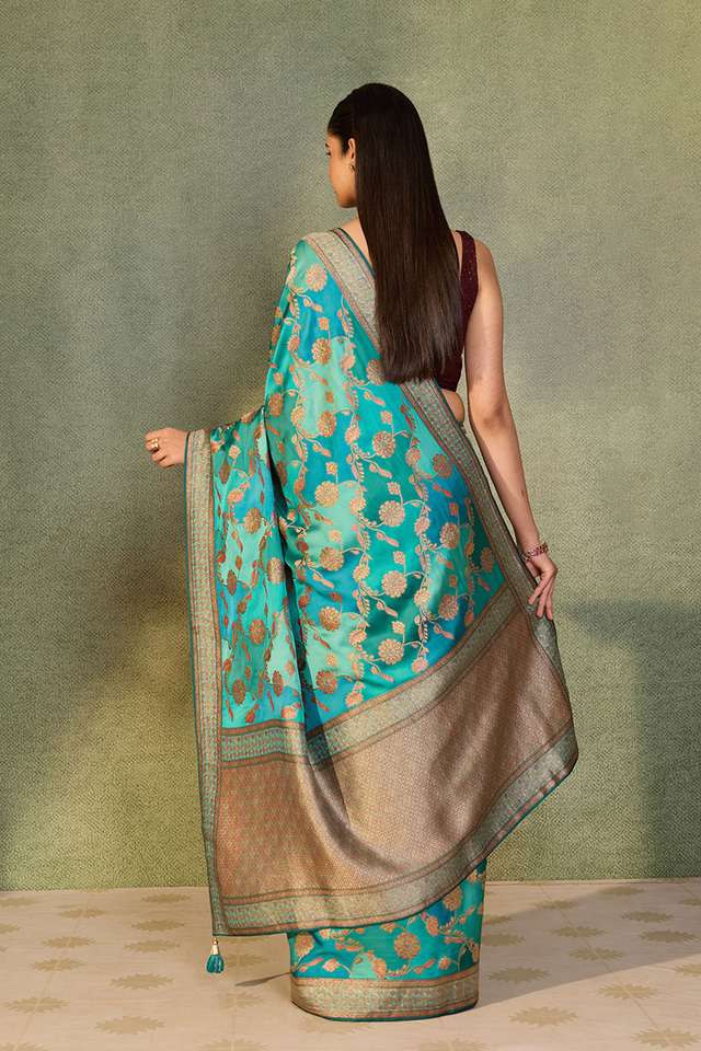 Blue Viscose Satin Woven Saree thumbnail image number null