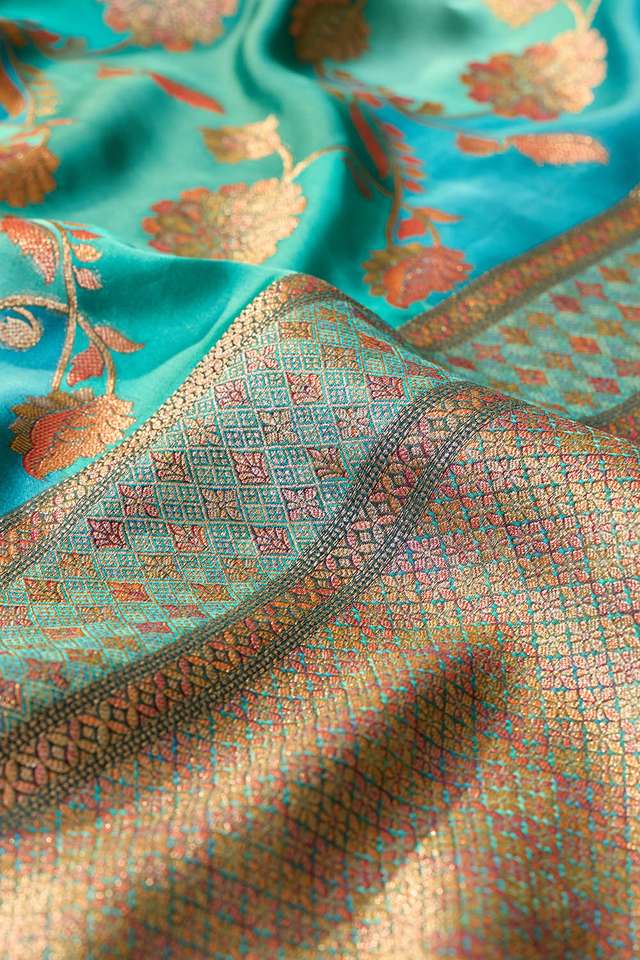 Blue Viscose Satin Woven Saree thumbnail image number null