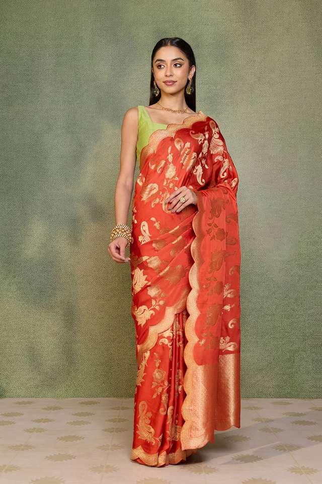 Orange Woven Viscose Satin Saree thumbnail image number null