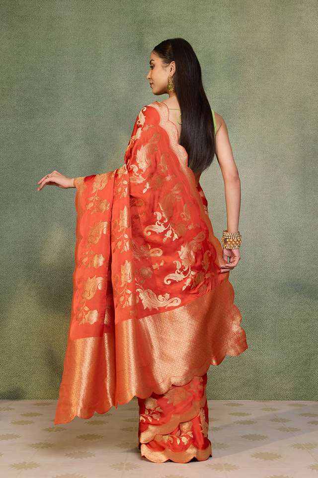 Orange Woven Viscose Satin Saree thumbnail image number null