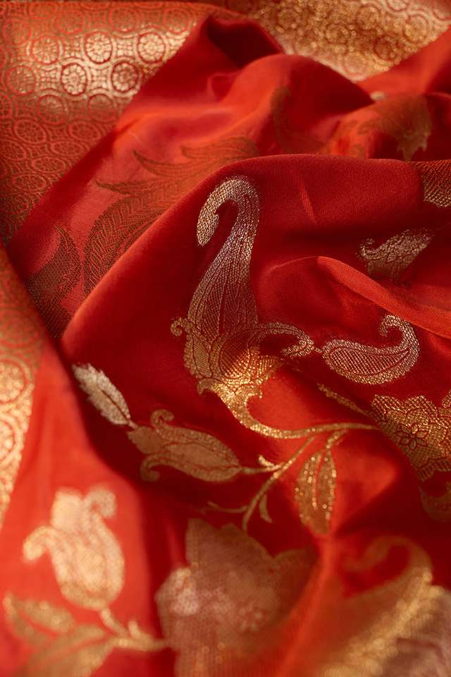 Orange Woven Viscose Satin Saree thumbnail image number null